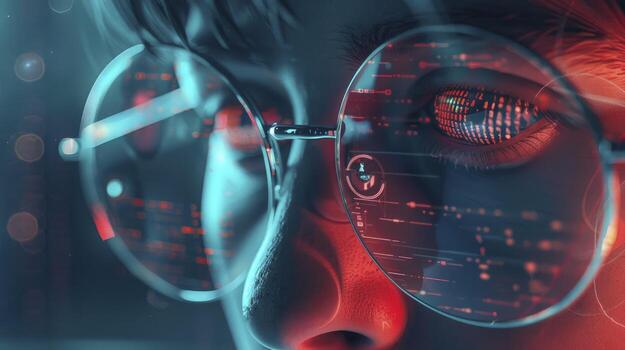Man Wearing Glasses Featuring Digital Code Visualized on the Eye, Concept of Data Visualization photo