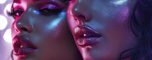 Vibrant Advertisement for Womens Makeup Brand, Embracing Pinks, Purples, and Blues with a Nostalgic 2000s Vibe. photo