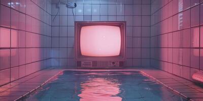 Retro 90s Pink TV Set in an Almost Empty Tiled Room, Enhanced by Neon Lights on the Wall Behind photo