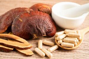 Lingzhi or Reishi mushroom with capsules, organic photo