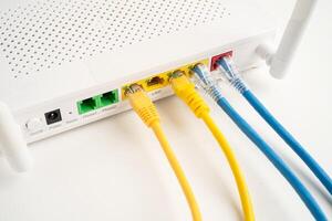 Ethernet cable with wireless router connect to internet network. photo