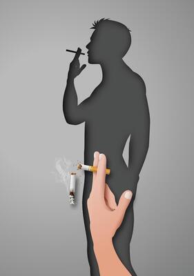 A powerful anti-smoking visual showing a cigarette breaking in front of a man's shadow, symbolizing how smoking harms masculinity