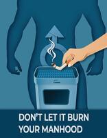 broken cigarette being stubbed out, symbolizing the harmful effects of smoking on male reproductive health. Strong masculine blue palette, papercut style vector