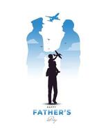 A powerful Father Day silhouette of a child on dad shoulders with toy airplane vector