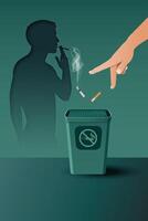 a hand discarding a cigarette into a no-smoking bin, with a smoker shadow behind vector