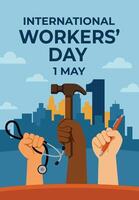 multiracial hands holding tools hammer, pen, and stethoscope celebrating unity and diversity on International Worker Day, May 1. vector