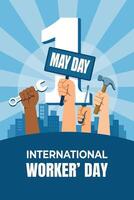 Illustration of diverse raised hands holding tools in celebration of May Day. A symbol of labor power, unity, and global solidarity in a clean flat design. vector