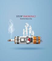 A burning cigarette designed as a time bomb with a family on top, symbolizing the danger of secondhand smoke and the urgent need to quit smoking. vector