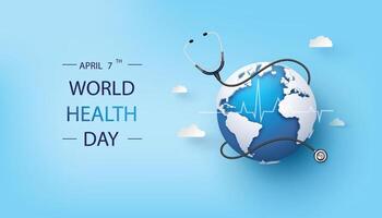 Blue sky background with globe and stethoscope in paper cut style. Symbolizes healthcare and world wellness. vector