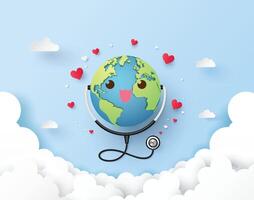 Earth with stethoscope floating in clouds surrounded by hearts. Soft and positive health message design. vector