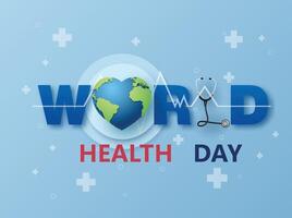 Creative text-based World Health Day poster with globe and stethoscope in a sleek design style. vector