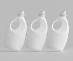 Three white plastic bottles with lids on a gray background photo