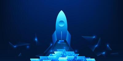 Rocket rising from a pile of coins symbolizes the success and growth of a business with a solid financial foundation. vector