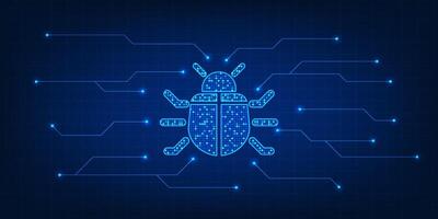 Cybersecurity technology, virus bug with technology circuit line, shows malware threats that lurk in the digital network of the Internet, which destroys data within the organization. vector