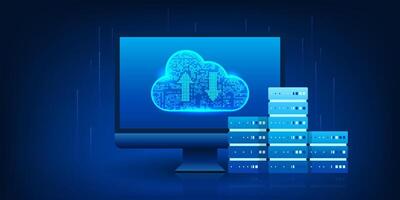 Cloud technology displayed on a computer screen with a connection to a server, represents a real-time cloud storage and processing system for the organization's operations. vector