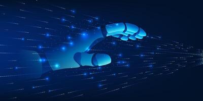 Artificial intelligence technology,robotic hand extending through the data line, represents the connection between robotic technology and digital data for processing and controlling intelligent system vector