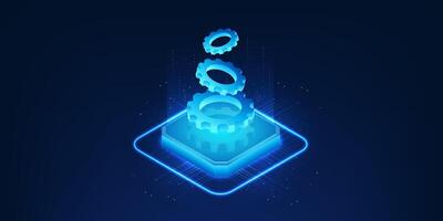 Artificial intelligence technology, the microchip on top is a cog, the working of the brain system driven by intelligent processes and logical mechanisms for decision making and data analysis. vector