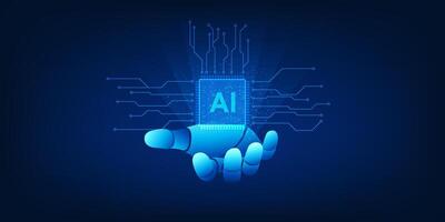 Agent AI Technology Robotic hand holding AI microchip represents the AI Technology embedded in cutting edge hardware to automatically process and scan data Intelligent system vector