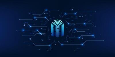 Cybersecurity technology, fingerprint connected to the technology circuit, conveys biometric authentication and cybersecurity to access critical business data. vector