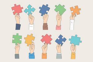 Colorful Puzzle Pieces Being Held Up by Various Hands, Showcasing Art and Collaboration vector