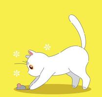 A lively White Cat playfully interacts with a Toy Mouse on a bright yellow background vector