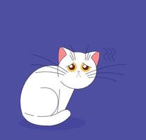 An Adorable and Cute CartoonStyle White Cat with a Sad Expression Set Against a Purple Background vector