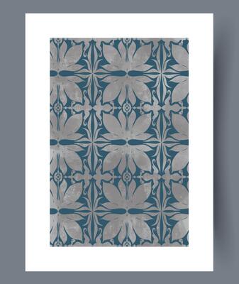 An Elegant Floral Pattern Design that features beautiful Blue and Silver Accents gracefully