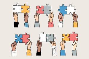 A Variety of Hands Skillfully Holding Different Puzzle Pieces for Meaningful Collaboration vector