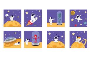 A Collection of Illustrations Featuring Adventurous Astronauts in the Expansive Outer Space vector