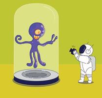 A captivating and futuristic encounter featuring an astronaut along with a whimsical purple octopus vector