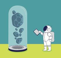 An Astronaut is Currently Observing Floating Meteorites Within a Glass Dome Structure vector