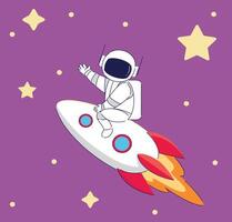 An Astronaut Enthusiastically Riding a Colorful Rocket in Outer Space Above Earth vector
