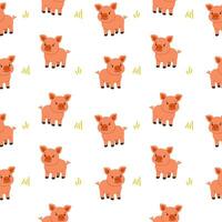 Seamless pattern with cute pig in flat style on white background with grass, perfect for kids products, nursery designs, farm-themed decor, and textile applications vector