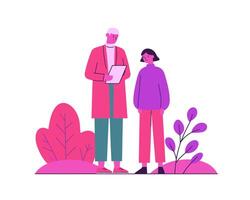 Diverse Individuals Engaged in Conversation with Digital Tablet Among Colorful Nature Elements vector