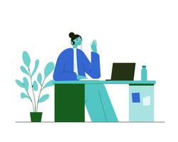Person Working at Desk with Laptop and Plant in Minimalist Workspace Environment vector