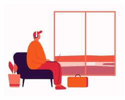 Young man enjoying music while sitting on sofa near window with plant and bag in room vector