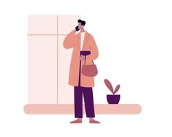 Young man talking on smartphone while standing near indoor plant and window in minimal setting vector