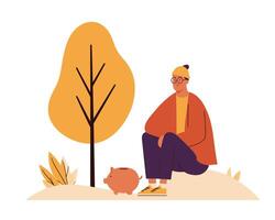 Young Adult Relaxing in Nature with a Piggy Bank Next to a Tree and Bushes in Autumn Setting vector