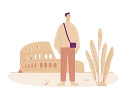 Person Standing Near Historic Colosseum Structure with Palm Plants and Minimalist Style vector