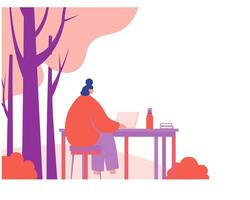Person Working at a Desk Surrounded by Trees and Nature in a Modern and Colorful Setting vector