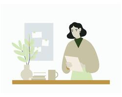 Woman Standing at Desk with Papers and Plant in Modern Minimalist Workspace vector