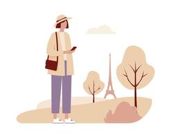 Woman Using Phone with Eiffel Tower in Background Surrounded by Trees and Soft Colors vector