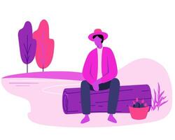 Man Sitting on Log Surrounded by Trees and Plants in a Vibrant Graphic Style Illustration vector