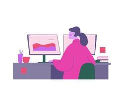 Female Designer Working at a Computer with Colorful Graphs and Office Supplies in a Bright Workspace vector