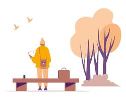 Person in Yellow Jacket Enjoying Nature with Trees and Birds in Minimalist Illustration Style vector