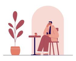 Young Man in a Cozy Cafe Setting Using Smartphone While Sitting Next to a Potted Plant vector
