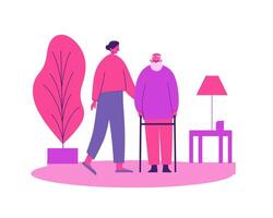 Caring Interaction Between Young Individual and Elderly Person in Colorful Home Setting vector
