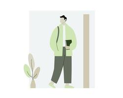 Stylish Young Man Holding Book While Standing in Modern Interior Space with Minimalist Design vector