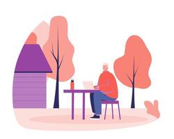 Man Working Outdoors at Table in Bright and Vibrant Autumn Landscape with Trees and House vector