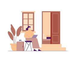 Woman Working on Laptop Outside Home with Suitcase and Open Door in Modern Illustration Style vector